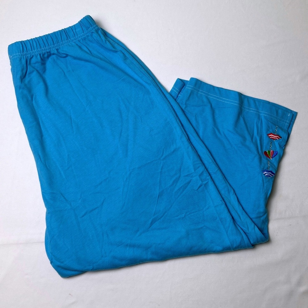 Quacker Factory Beach Umbrella Embroidered Elastic Waist Capri Pants Size L Blue